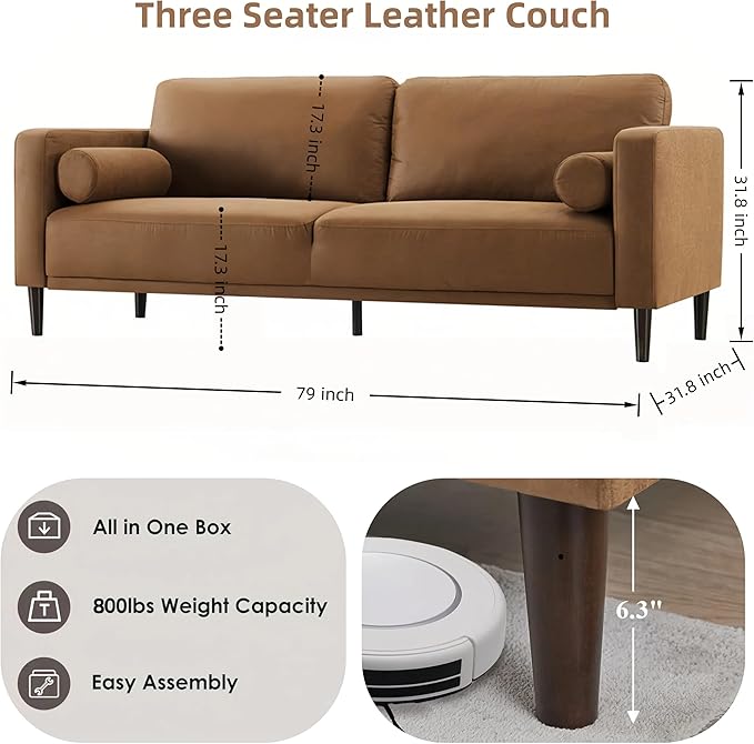 HIFIT 79 Sofa Couches for Living Room Mid-Century Modern Decor Faux Leather Couch with Deep Seat&ampCloud Cushions&amp2 Pillow 3 Seater Home Sofa Living Room Brown Loveseat for Office Bedroom Ap