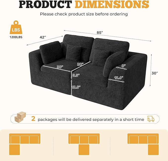 Loveseat Sofa Cloud Boneless Couches for Living Room 2 Seater Modular Sectional SofaOversizedBlack Chenille