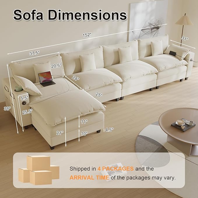 152 L Shaped Sectional Couch Chenille Sectional Couches for Living Room Modular Cloud Couch with Movable Ottoman Modern Cloud Sofa with Charging Station Cup Holder Side Pocket Beige