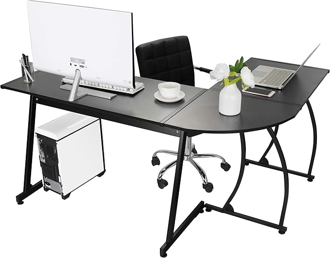 Modern L-Shaped Home Office Desk with Round Corner Computer Desk Gaming Writing PC Laptop Workstation with Solid Steel Frame Desktop (Black)