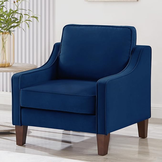 Modern Accent Chair Velvet Upholstered Single Sofa Chair with Wooden Legs Comfy Arm Chair for Living Room Bedroom Navy