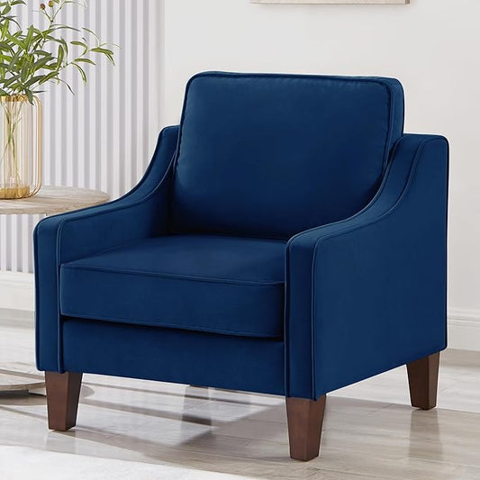 Modern Accent Chair Velvet Upholstered Single Sofa Chair with Wooden Legs Comfy Arm Chair for Living Room Bedroom Navy
