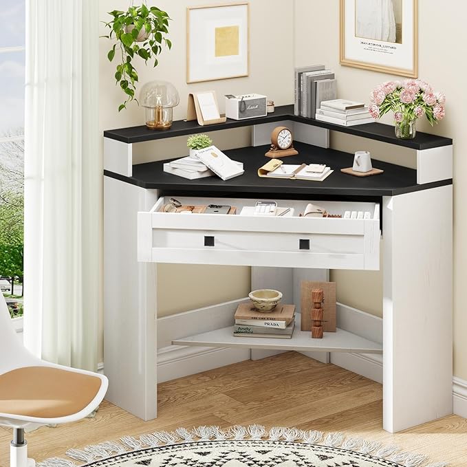 Corner Desk Triangle Computer Desk Home Office Workstation with Drawer and Monitor Stand for Small Spaces Farmhouse Corner Vanity Table for Bedroom Study Living Room (Rustic White and Black)