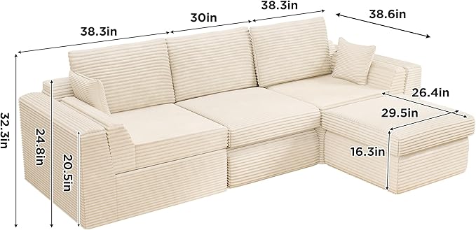 Vabches 106.6 Modular Sectional Sofa with Chaise Comfy Cloud Sectional Couch Modern L-Shape Corduroy Sofa with Deep Seat Upholstered Couches for Living Room BedroomNo Assembly Required (Beige)