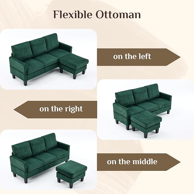 Karl home Small Sectional Couch L Shaped Sofa with Movable Storage Ottoman Corduroy Upholostered Sofa Chaise with Side Pockets for Living Room Apartment Studio Green