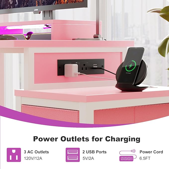 Small Gaming Desk with 2 Fabric Drawers - Reversible Computer Desk with Power Outlet &amp LED Lights 49 Office Desk with Monitor Stand &amp Storage Shelves Writing Study Table with Pegboard Pink