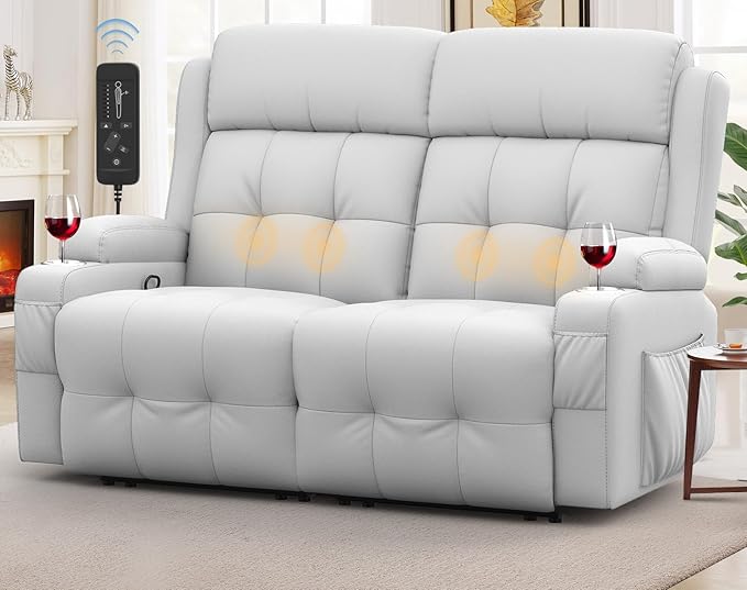 Reclining Loveseat Massage Loveseat Recliner Sofa Heavy Weight Capacity RV Love Seat Chair Clearance with Console USB Type C Port Storage Cup Holders Wall Hugger Couch (Light Gray Loveseat)