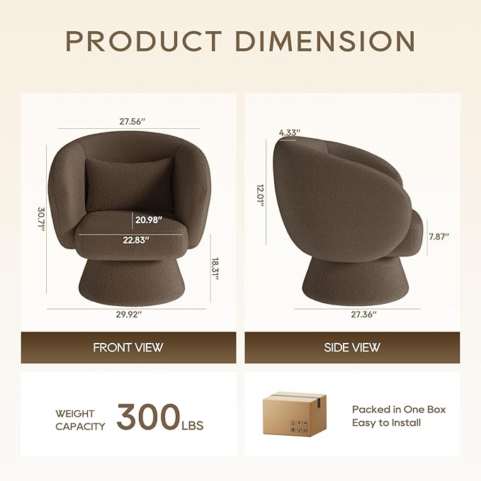 Swivel Accent Chair Modern Upholstered Barrel Chair with 360° Swivel Soft Teddy Fabric &amp Extra Lumbar Pillow Stylish Round Accent Chair for Living Room Bedroom Nursery – Brown1PC