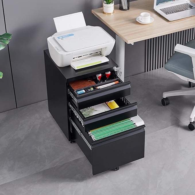 3-Drawer Mobile Filing Cabinet with Lock Office Storage Locking File Cabinets of Legal/Letter Size Metal Filing Cabinets to Be Installation RequiredBlack