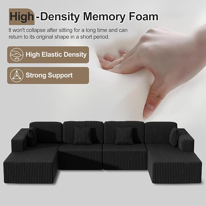 132 U Shaped Modular Sectional Sofa with Double Chaise Oversized Corduroy Floor Couch Deep Seat Frameless Living Room Set No Assembly Classic Black