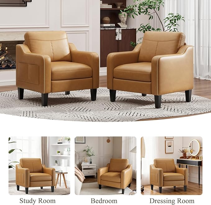 PU Leather Accent Chair Set of 2 Mid-Century Modern Living Room Armchair Sofa with Removable Cushions Solid Wood Frame &amp Stitched Armrest Design Bedroom Chair with Plastic Legs Brown