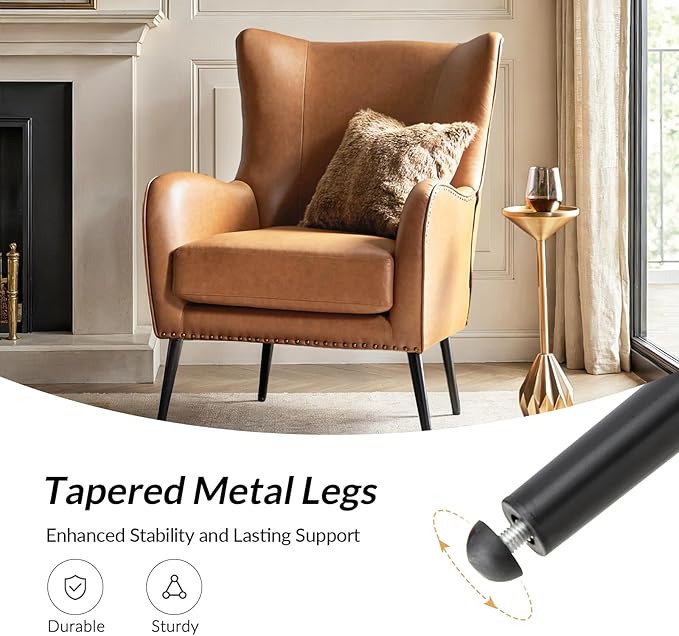 Upholstered Faux Leather Accent Chair with Black Metal Legs Comfy Armchair with Removable Cushion &amp Nailhead Trim Wingback Vanity Chair for Reading Living Room Bedroom