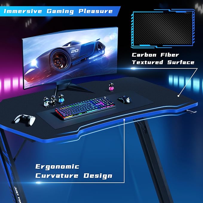 Gaming Desk 39 Inch Z-Shaped Computer Desk Modern Ergonomic PC Computer Table Home Office Desk Racing Style Gaming Workstation with Headphone Hook Blue