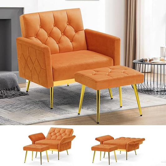 Velvet Accent Chair w/Adjustable Armrests and Backrests Tufted Single Sofa with Ottoman Upholstered Reading Chiar for Living Room Apartment Bedroom Orange