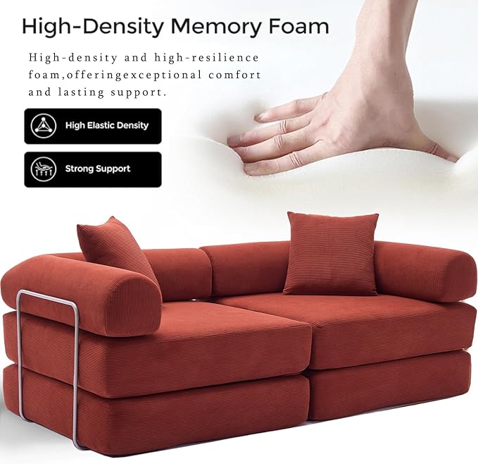 73 Convertible Modular Folding Sofa Bed 5-in-1 DIY Combination Fold Out Sleeper Sofa Bed Loveseat sleeper Couch with Removable Armrests Corduroy Floor Couch Small couches for small spaces Red