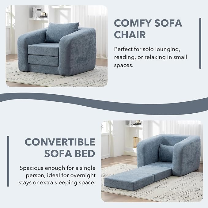 Convertible Sofa Bed Chenille Upholstered Pull Out Sofa Bed with Pillows 2-in-1 Sofa Chair with Minimalist Design Comfy Folding Mattress Couch for Apartment (Light Blue Single Sofa Bed)