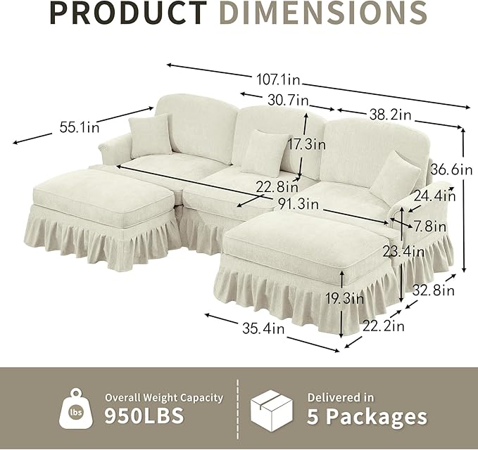 Rovibek 107” U Shaped Couch Chenille Midcentury Modern Sofa with Detachable Ruffle Hem Sectional Couches for Living Room with Throw Pillows &amp 2 Ottoman White