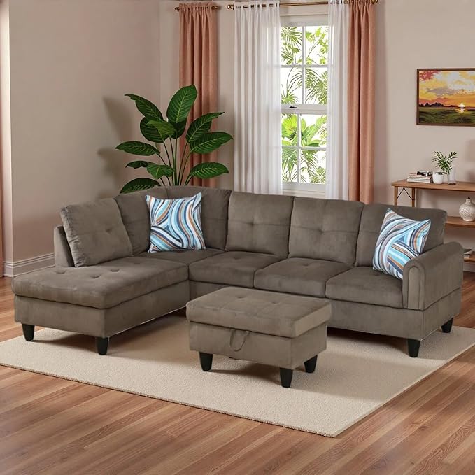 L-Shaped Sectional Sofa with Movable Chaise &amp Storage Ottoman Lounge 3-Piece Modular Convertible Couches for Living Room Apartment &amp Office Brown