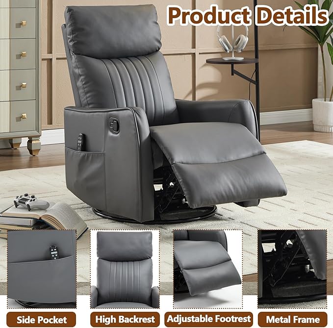 Slim Swivel Rocking Chair Recliner with PocketsLazy Boy Recliners for for AdultsSmall Recliner Chair for Small Spaces Manual Reclining Chair for Living Room Bedroom (Dark Grey)