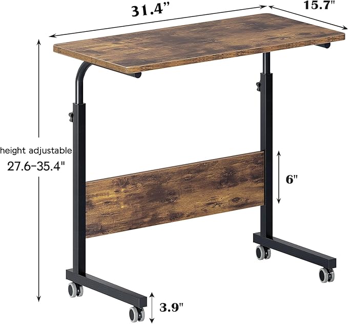 sogesfurniture Office Desk Computer Table Cart 31.5 inch Removable Laptop Desk Cart Height Adjustable Side Desk Workstation Sofa Side Table with Wheels Rustic Brown