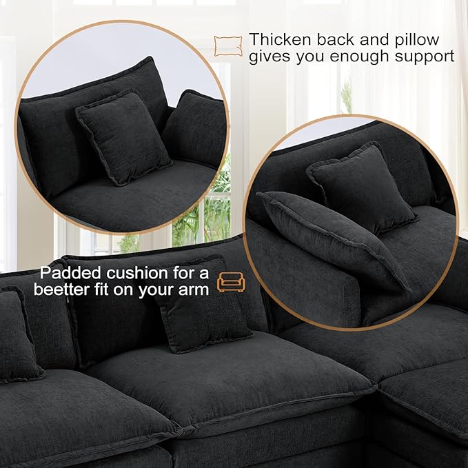 Furniliving 112‘’ L-Shaped Sofa Luxury Chenille Modular Sectional Couches with Ottoman Upholstered Deep Seat Sleeper Sofa with Memory Foam and Waist Pillows Black