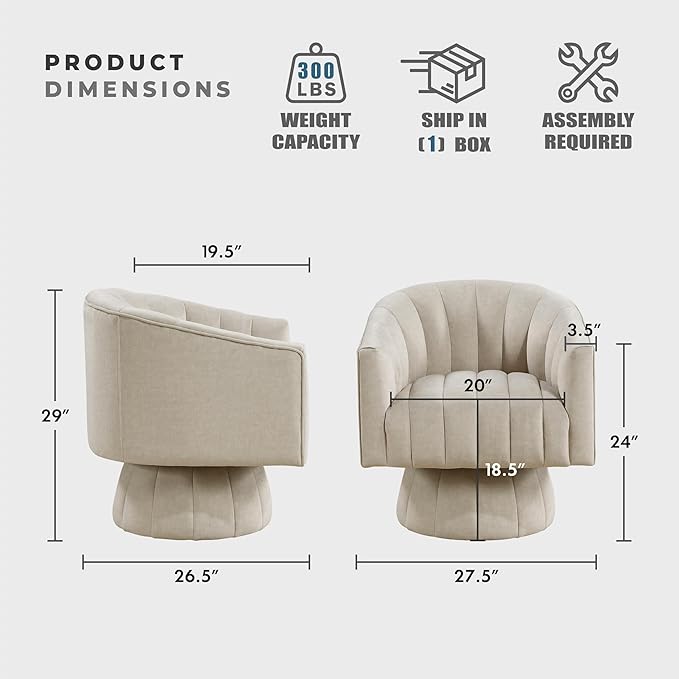 Lexicon Modern Swivel Accent Chair Velvet Fabric Upholstered Swivel Lounge Chair with Rounded Base and Channel Stitching for Living Room/Bedroom/Office Easy Assembly Taupe