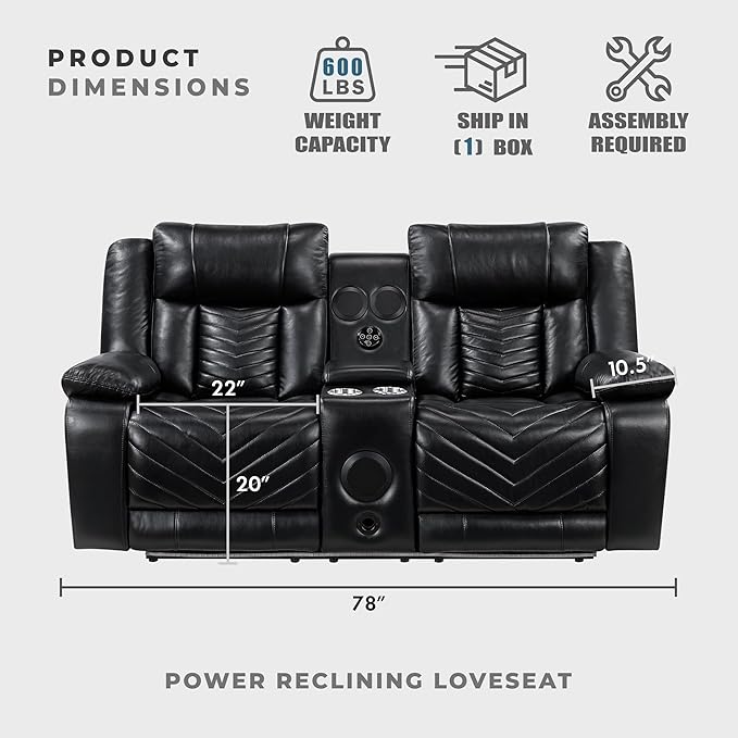 Lexicon Wall Hugger Power Double Reclining Loveseat with Console Faux Leather Home Theater Seating with LED Lighting Charging Ports Bluetooth Speaker Wireless Cup Holders Hidden Storage Black
