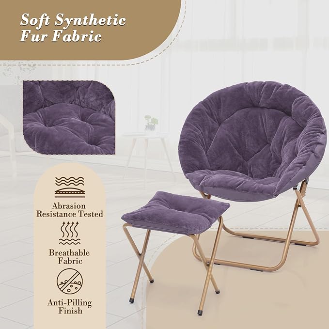 Athena Collection Round Saucer Chair with Ottoman Set for Adults Oversize Comfy Cozy Faux Fur Folding Reading Chair with Metal Leg Lazy Relaxing for Living Room Bedroom Dorm Apartment Purple