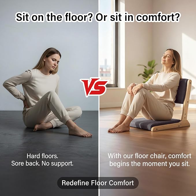 Tiita Floor Chair with Back Support Foldable Meditation Tatami Chairs Backrest Chair with Cushion Living Room Chair Seat 4 Pack Wood Dark Grey