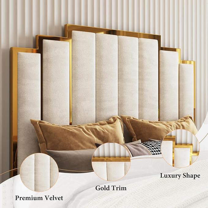 AMERLIFE Queen Size Upholstered Bed Modern Velvet Bed Frame with 61.4” Tall Gold Trim Headboard No Box Spring Needed Cream