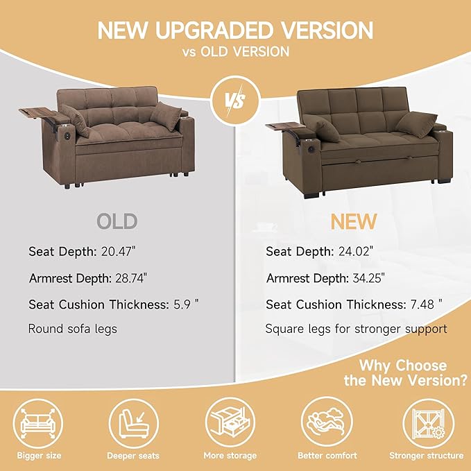 66 Multi-Functional Pull-Out Sofa Bed with Hidden Side Table Storage Armrests Built-in Charging Port Spring Mattress Solid Wood Frame – Ideal for Small Spaces Easy Assembly