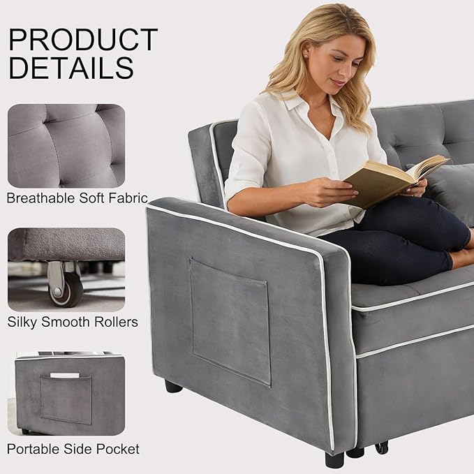 71.5 3 in 1 Convertible Loveseat Sleeper Sofa Modern Futon Couch with Adjustable Backrest Pull Out Sofa Bed Upholstered for Living Room Bedroom Apartment Small Space (Grey)
