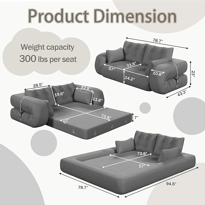 78.7 Convertible Sofa Bed 3-in-1 Folding Floor Couch with 4 Pillows Sleeper Sofa for Living Room and Guest Bed No Assembly Required (Grey Teddy Fabric)
