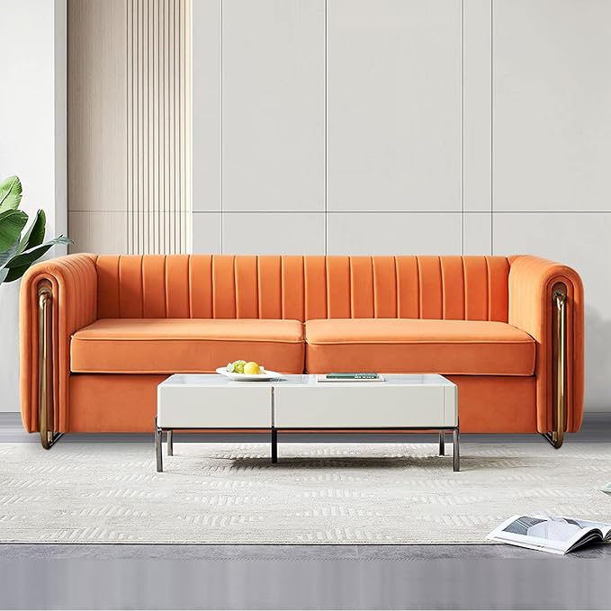 kevinplus 84.2'' Velvet Chesterfield Sofa Couch for Living Room Modern Luxury 3-Seat Upholstered Sofa Couch for Apartment Bedroom Dorm Office Strong Gold Metal Legs (Channel Backrest Orange)