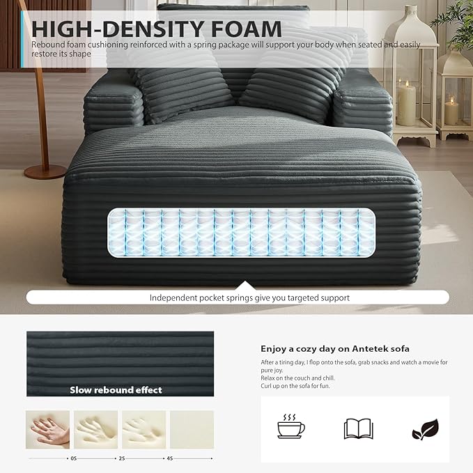 67 Inch Chaise Lounge Chair Indoor Oversized Corduroy Upholstered Boneless Sofa Bed Deep Seat Sleeper Couch Reading Chairs Cloud Sofas Couches for Living Room No Assembly Required (Dark Grey)