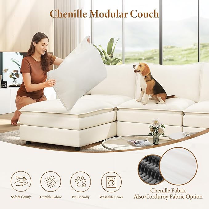 Vesgantti 142 U Shaped Sectional Couch Comfy Cloud Modular Sectional Sofa with 2 Ottoman Deep Seat Chenille Modern Cloud Sofa Modular Sofas for Living Room Bedroom and Apartment Snow White