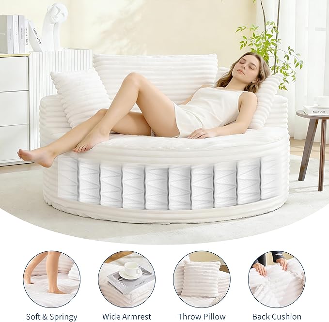 Garvee 55 Round Oversized Chaise Longue Chair Indoor Corduroy Upholstered Boneless Cloud Couch Deep Seat Sleeper Floor Sofa Chair for Living Room Bedroom Apartment White