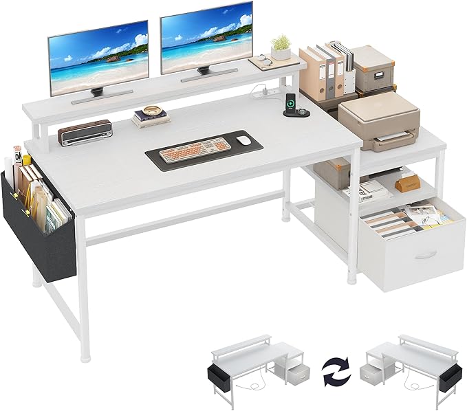EnHomee 57 Office Desk with Drawers and Printer SpaceComputer Desk with Power OutletsHome Office Desks with File Drawers CabinetStudy Writing and Gaming Desk with Shelves Monitor StandWhite