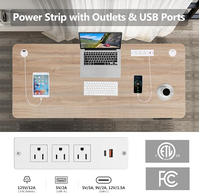 Electric Standing Adjustable Height Desk 48'' x 24''Sit Stand Desk with Charging Station 2 USB Ports 3 Power Outlets 27''-46'' Lifting Range Computer Workstations(Oak)