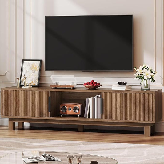 YITAHOME TV Stand for Living Room Mid Century Modern Entertainment Center for 55/60/65 inch TVs TV Console with Power Outlets &amp Adjustable Shelves Fluted Media Console (Walnut 59)
