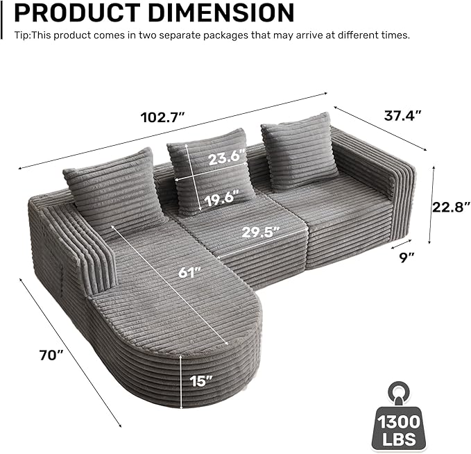 Boneless Cloud Couch Modular Sectional Sofa L-Shape with Chaise 102 Soft Faux Fur Deep Seat &amp 3 Pillows &amp 2 Side Pockets for Living Room Bedroom (Gray Left Chaise)