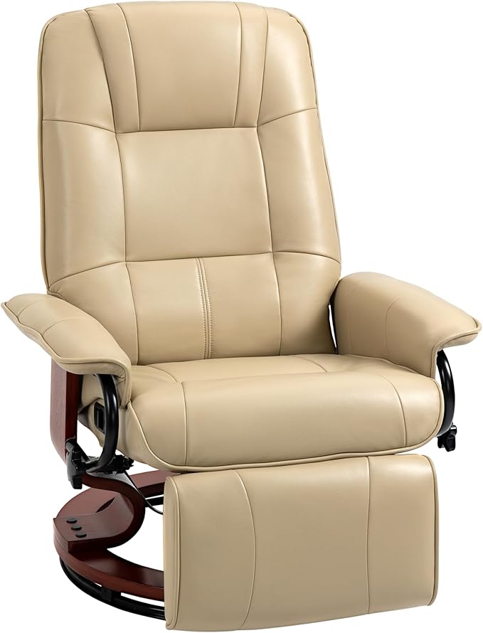 HOMCOM Faux Leather Manual Recliner Adjustable Swivel Lounge Chair with Footrest Armrest and Wrapped Wood Base for Living Room Cream White