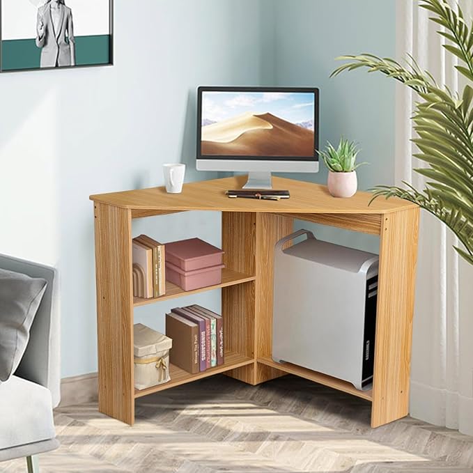 Corner Desk for Small Spaces Home Office Computer Desk with Shelves Gaming Desk Corner Table for Work Writing Desk Triangle Desk Office Desk Spacious Desktop Light Brown