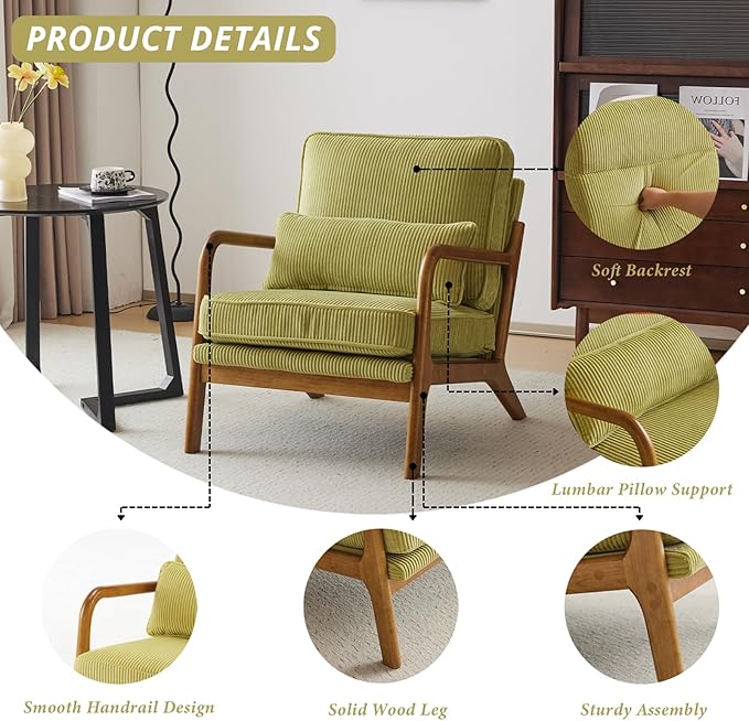 Karl home Mid-Century Modern Accent Chair Living Room Chairs with Pillow Corduroy Upholstered Lounge Armchair with Solid Wood Frame &amp Soft Cushion for Bedroom Reading Room Green