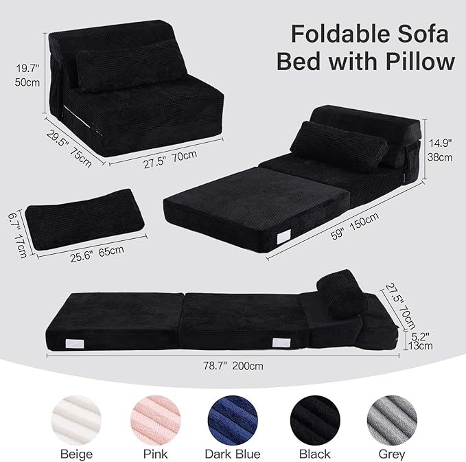 Folding Sofa Bed with Pillow Convertible Sleeper Chair Comfy Floor Futon Couch Mattress Lounge Sofa for Adults Portable Fold Out Chair Bed for Living Room Bedroom Single Black