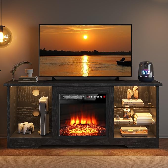VITESSE 58 Inches Fireplace TV Stand for TVs up to 65 Inches Console with 18'' Electric Fireplace &amp RemoteWooden Modern Entertainment Center for Living Room with LED Light Glass Shelves（Black）