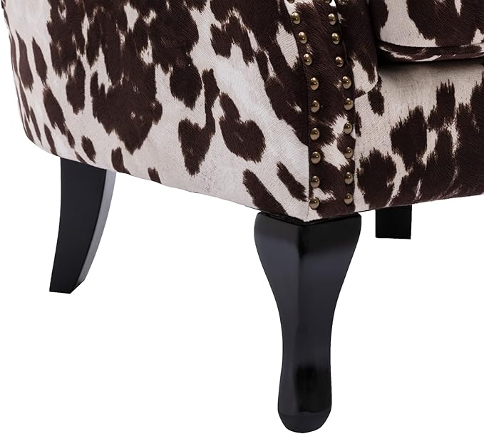 Mid Century Modern Accent Chair Upholstered Armchair Comfy Cowhide-Print Fabric Single Sofa with Tufted Wingback for Small Spaces Bedroom Living Room Cow