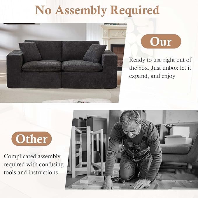 78'' Chenille Modular Loveseat Black Boneless Loveseat with 2 Pillows Cloud Couch Love Seats for 2-Seater Upholstered Sectional Sofa for Living Room No Assembly Freely Combinable (Black)