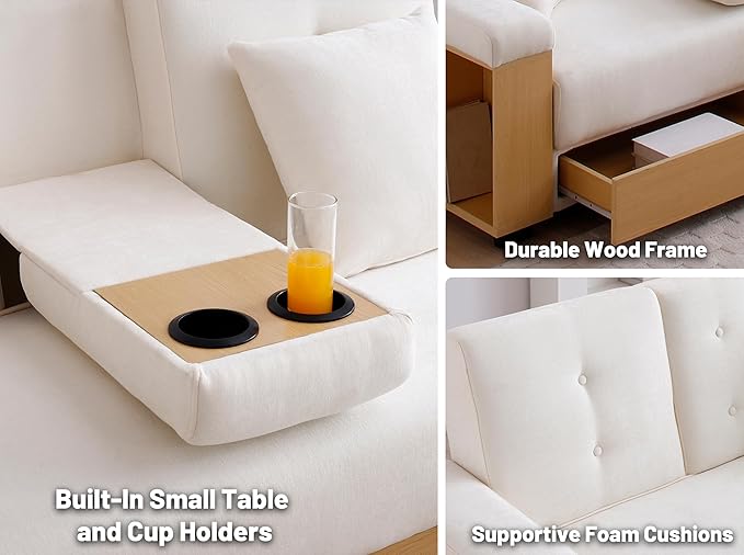 JOYBASE Modular Sectional Sofa Couch with Storage Ottoman 3-Seater Convertible Sofa Bed with Reversible Armrest Drawers and Cup Holders for Apartment Living Room (Beige)