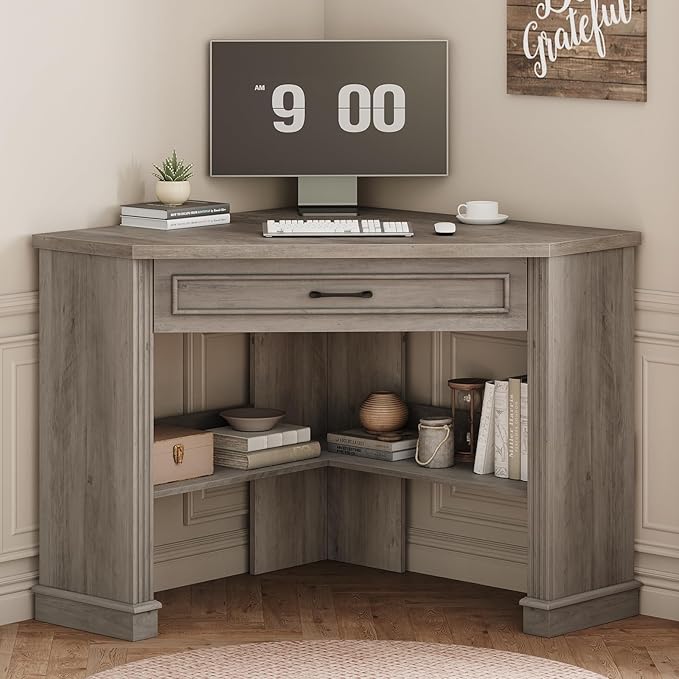 SEDETA 31.5 Small Corner Desk Corner Desk for Small Space Farmhouse Computer Desk with Drawers Triangle Computer Desk with Storage Shelves for Home Office Living Room Bedroom Gray